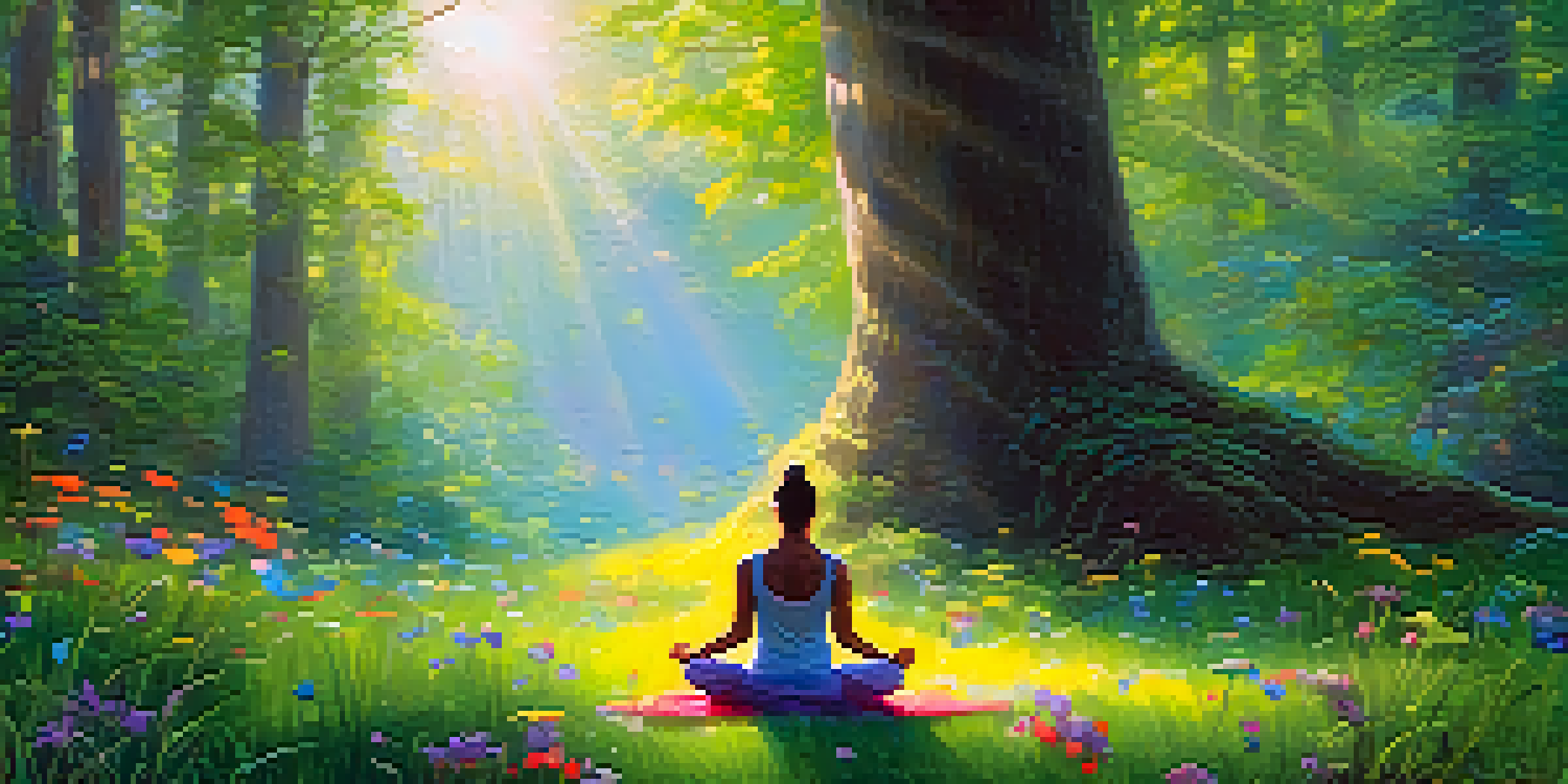 A person meditating in a peaceful forest with chakra symbols glowing around them, surrounded by greenery and flowers.