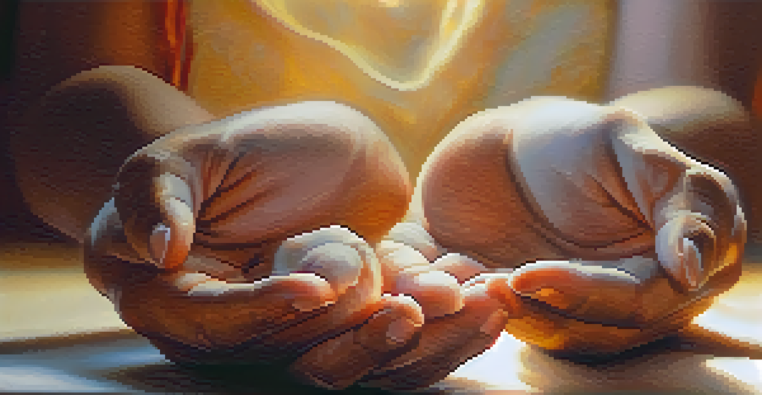 Close-up of hands in a mudra position with a warm golden light background.
