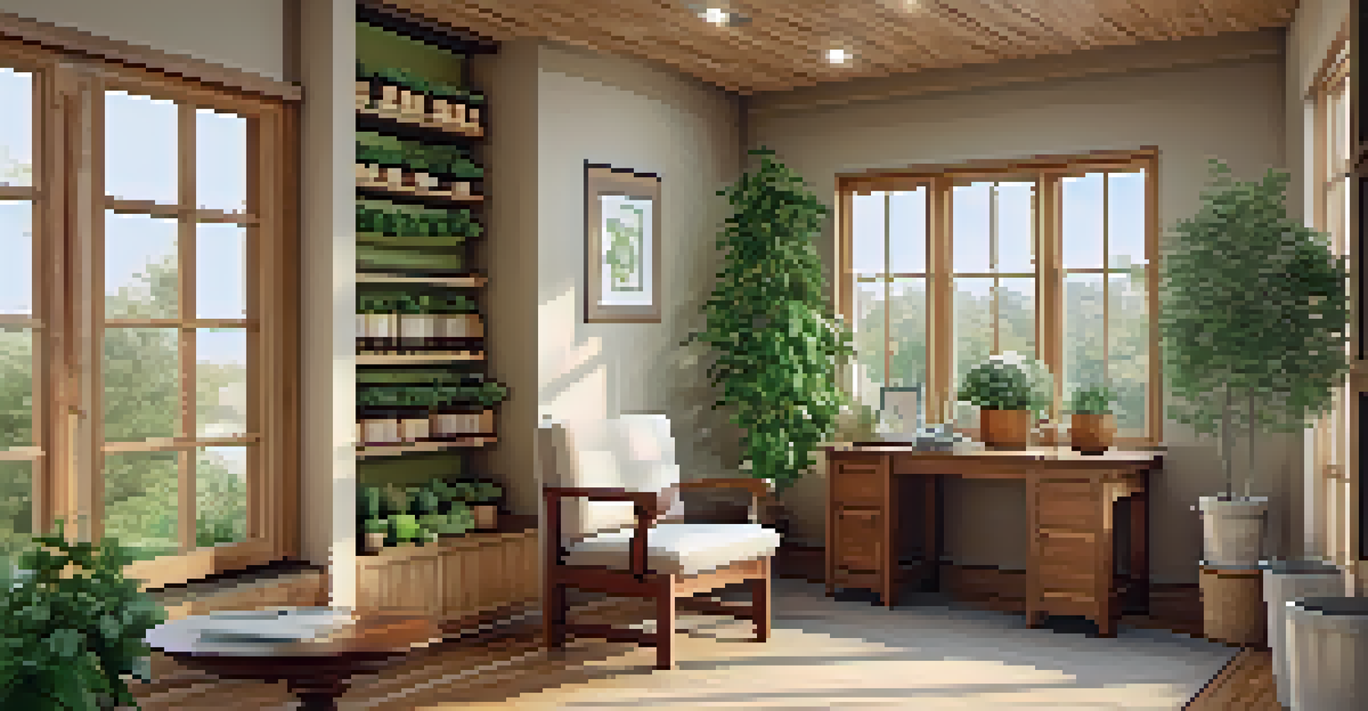 A naturopathic consultation room with wooden furniture, plants, and herbal medicine jars.