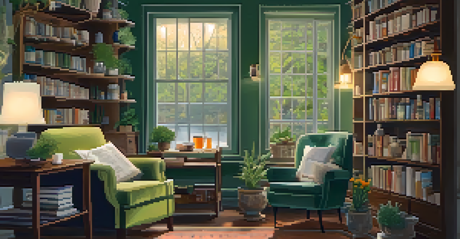 A person reading a book about herbal remedies in a cozy indoor setting with warm lighting and plants in the background.
