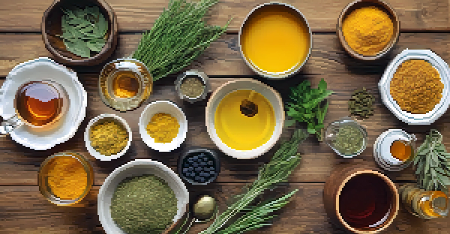A wooden table displaying an array of naturopathic remedies such as herbs, teas, and vitamins, all arranged beautifully in soft, natural light.