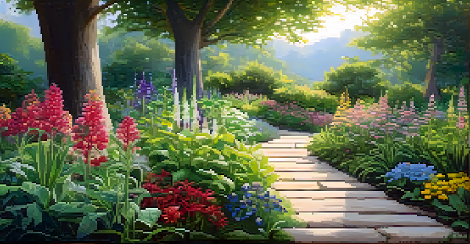 A peaceful garden filled with various medicinal plants, sunlight filtering through the trees, and a wooden sign labeled 'Healing Herbs'.