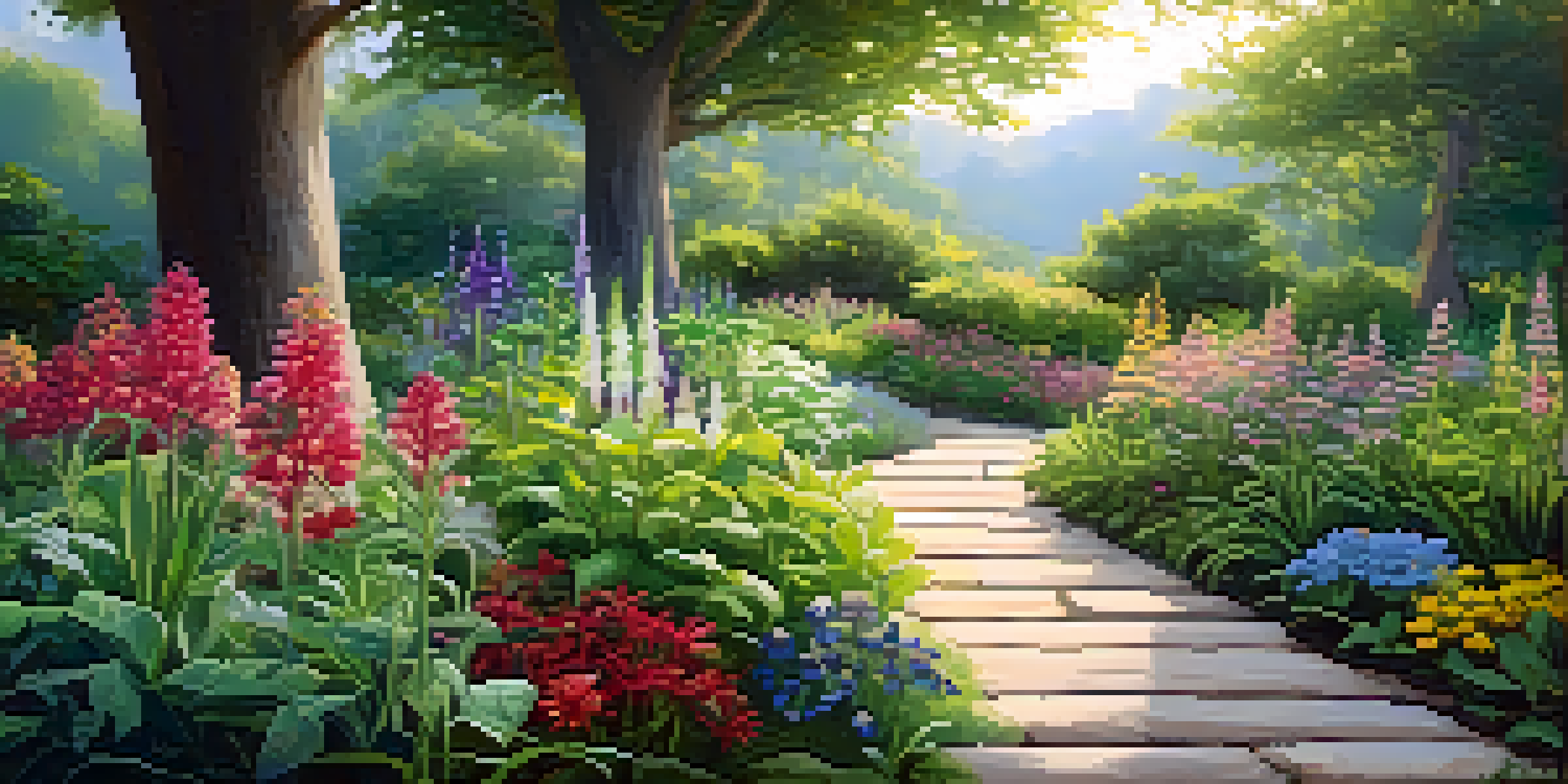 A peaceful garden filled with various medicinal plants, sunlight filtering through the trees, and a wooden sign labeled 'Healing Herbs'.