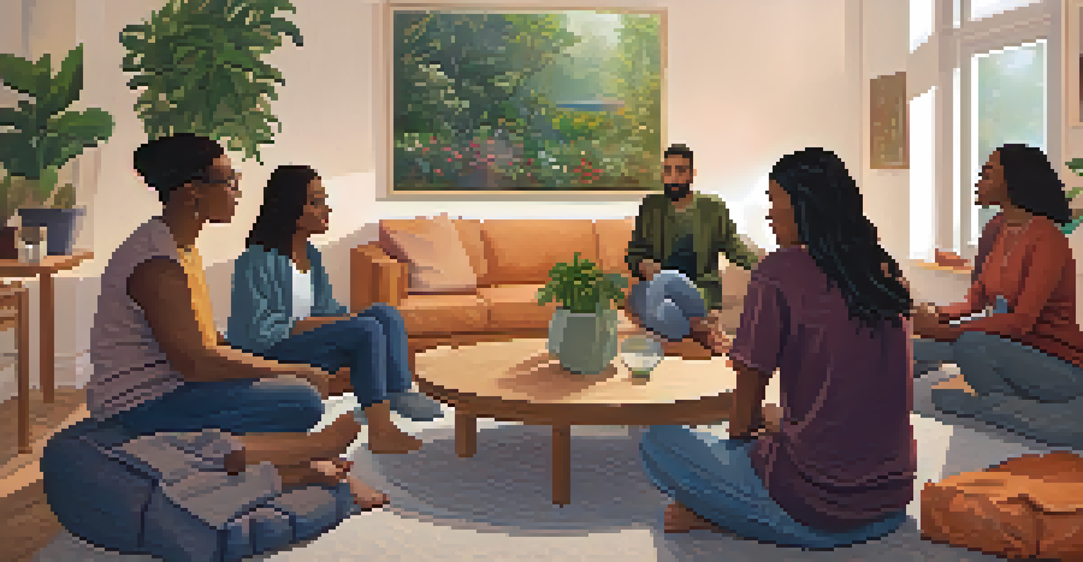 A group therapy session with participants sharing experiences in a cozy room filled with plants and warm lighting.