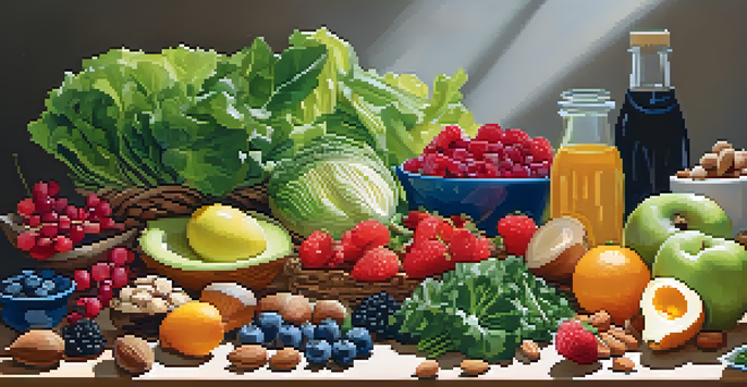 A colorful display of leafy greens, fatty fish, nuts, and berries on a wooden table, illuminated by natural sunlight.