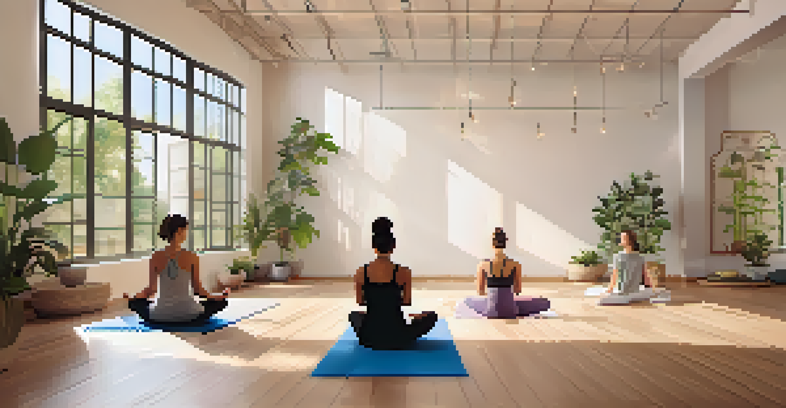 A yoga studio with diverse individuals practicing yoga, surrounded by plants and soft lighting, emphasizing the mind-body connection.