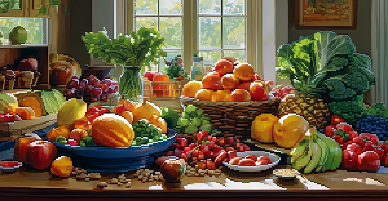 A table filled with colorful fresh fruits, vegetables, and grains under natural light, creating a bright and inviting atmosphere.