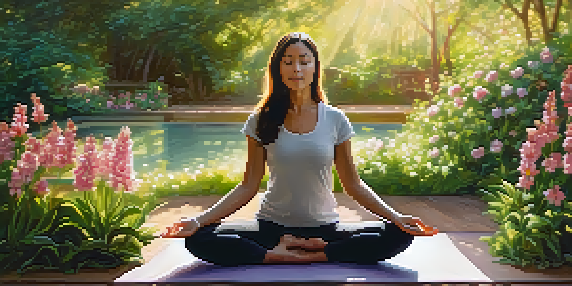 A person doing yoga in a beautiful garden filled with flowers and greenery.