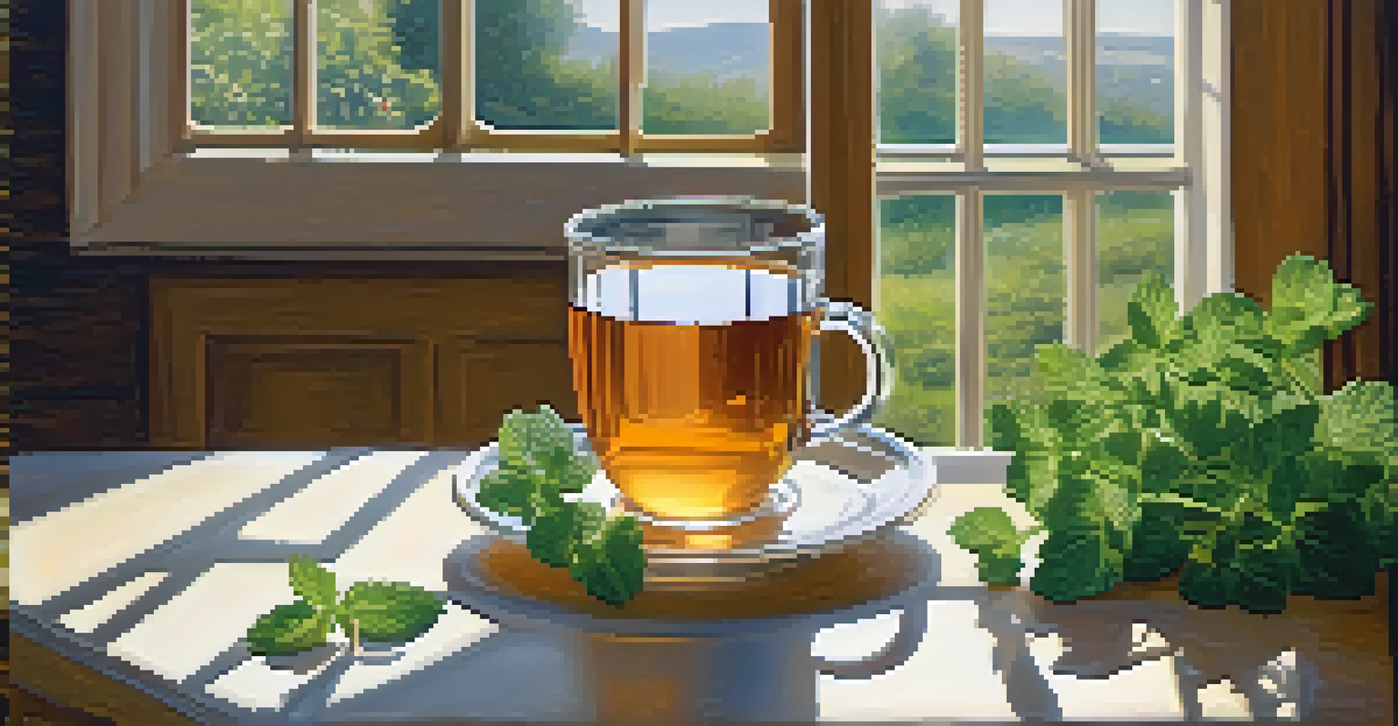 A cozy kitchen scene with a steaming glass of herbal tea and a bowl of fresh herbs on a table, illuminated by soft sunlight.