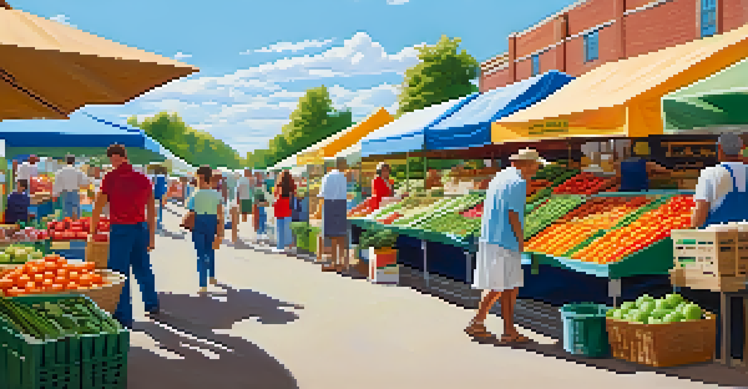 A lively farmer's market filled with fresh organic produce and diverse shoppers enjoying the outdoors.