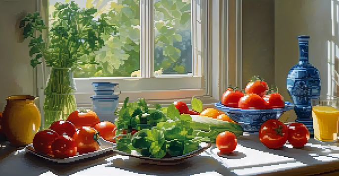 A warm, inviting kitchen with a wooden table full of fresh fruits and vegetables, illuminated by soft morning light.