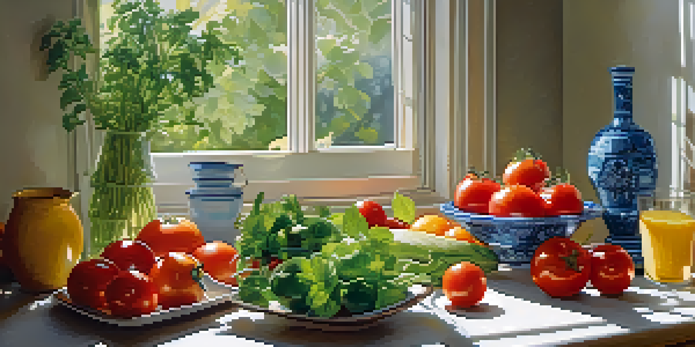 A warm, inviting kitchen with a wooden table full of fresh fruits and vegetables, illuminated by soft morning light.