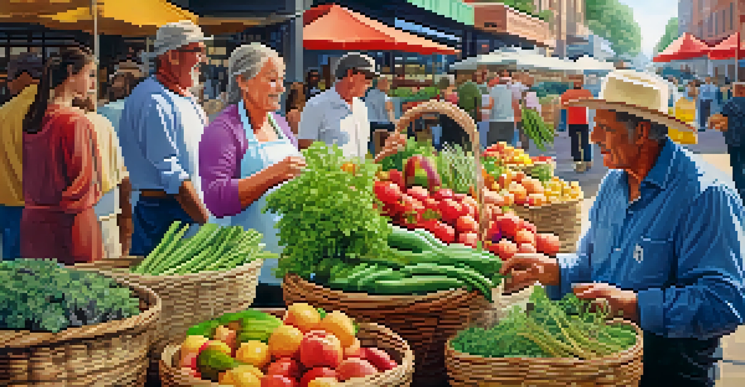 A colorful farmer's market with fresh organic produce and a vendor discussing herbs with a customer.