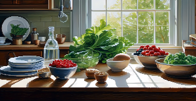 A peaceful kitchen with a wooden table displaying fresh ingredients and a glass of water, illuminated by warm sunlight.