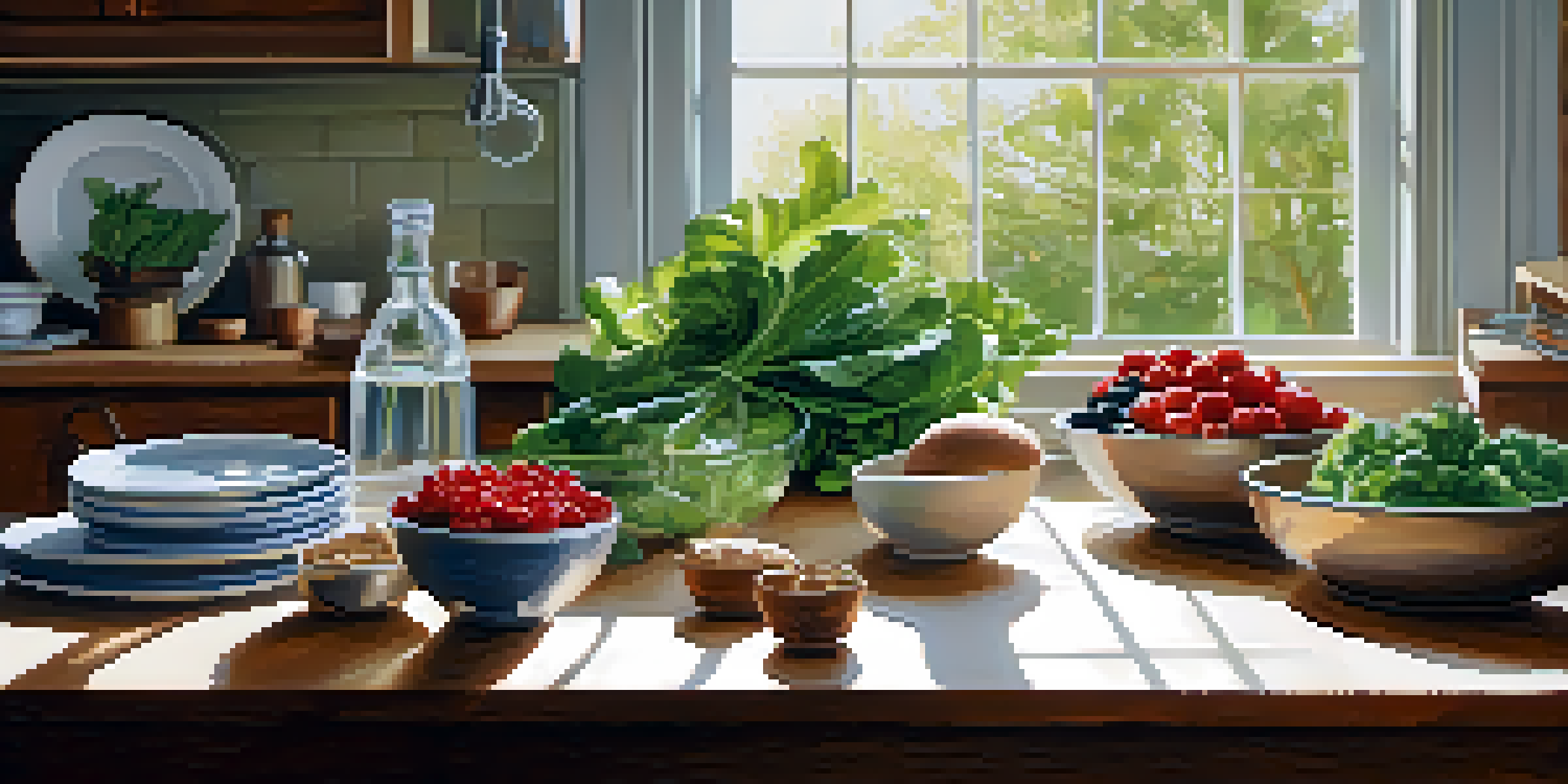 A peaceful kitchen with a wooden table displaying fresh ingredients and a glass of water, illuminated by warm sunlight.