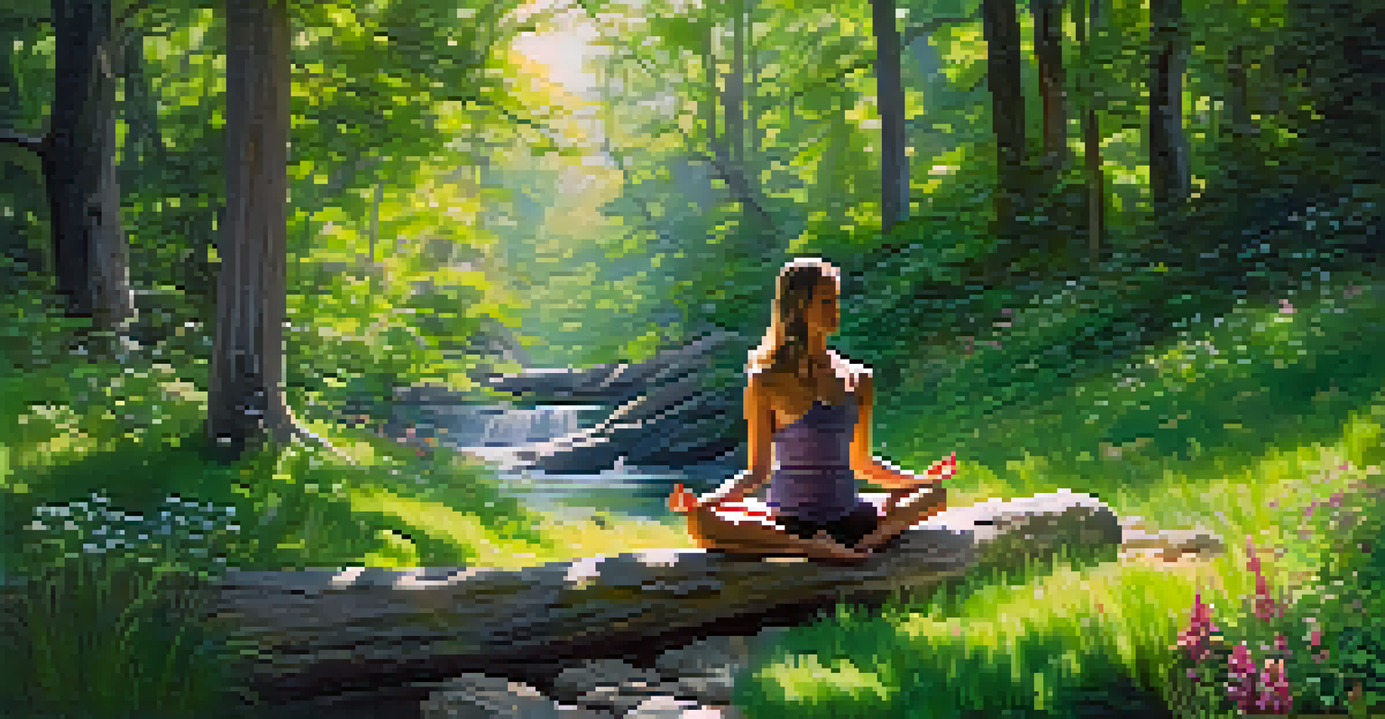 A woman practicing yoga in a green forest surrounded by wildflowers and sunlight.