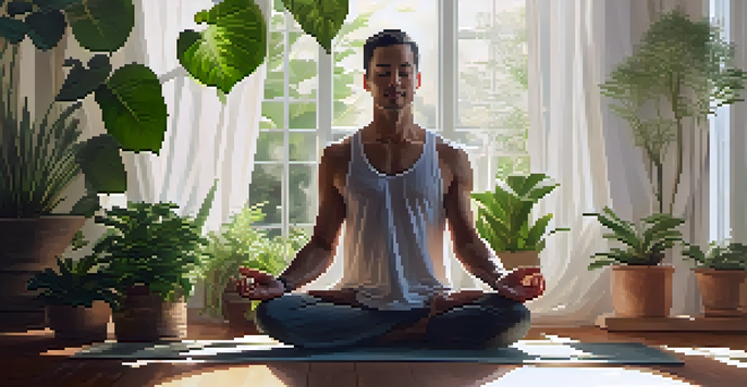 A man practicing yoga in a sunlit room, surrounded by plants, promoting relaxation and mindfulness.