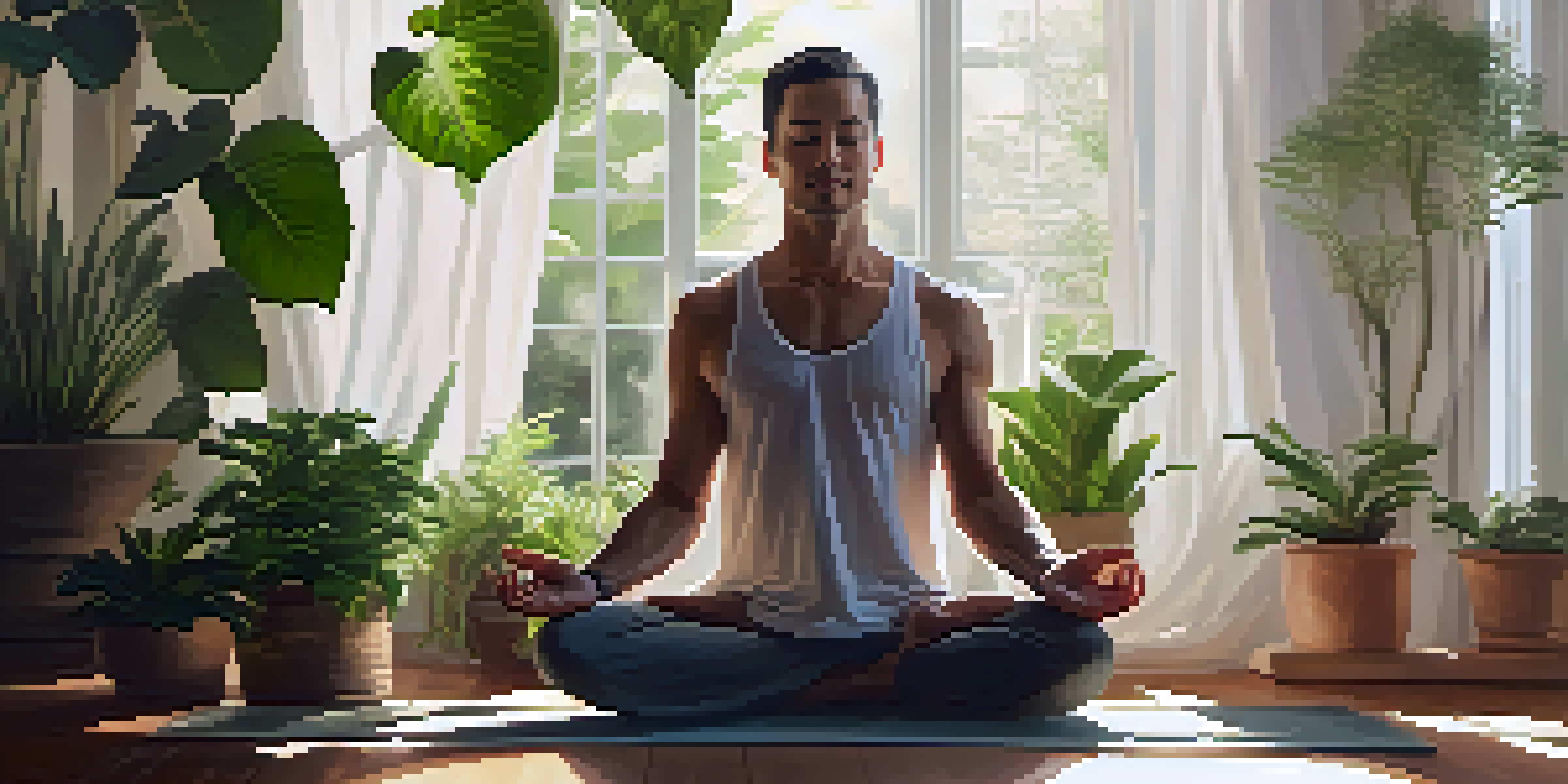 A man practicing yoga in a sunlit room, surrounded by plants, promoting relaxation and mindfulness.
