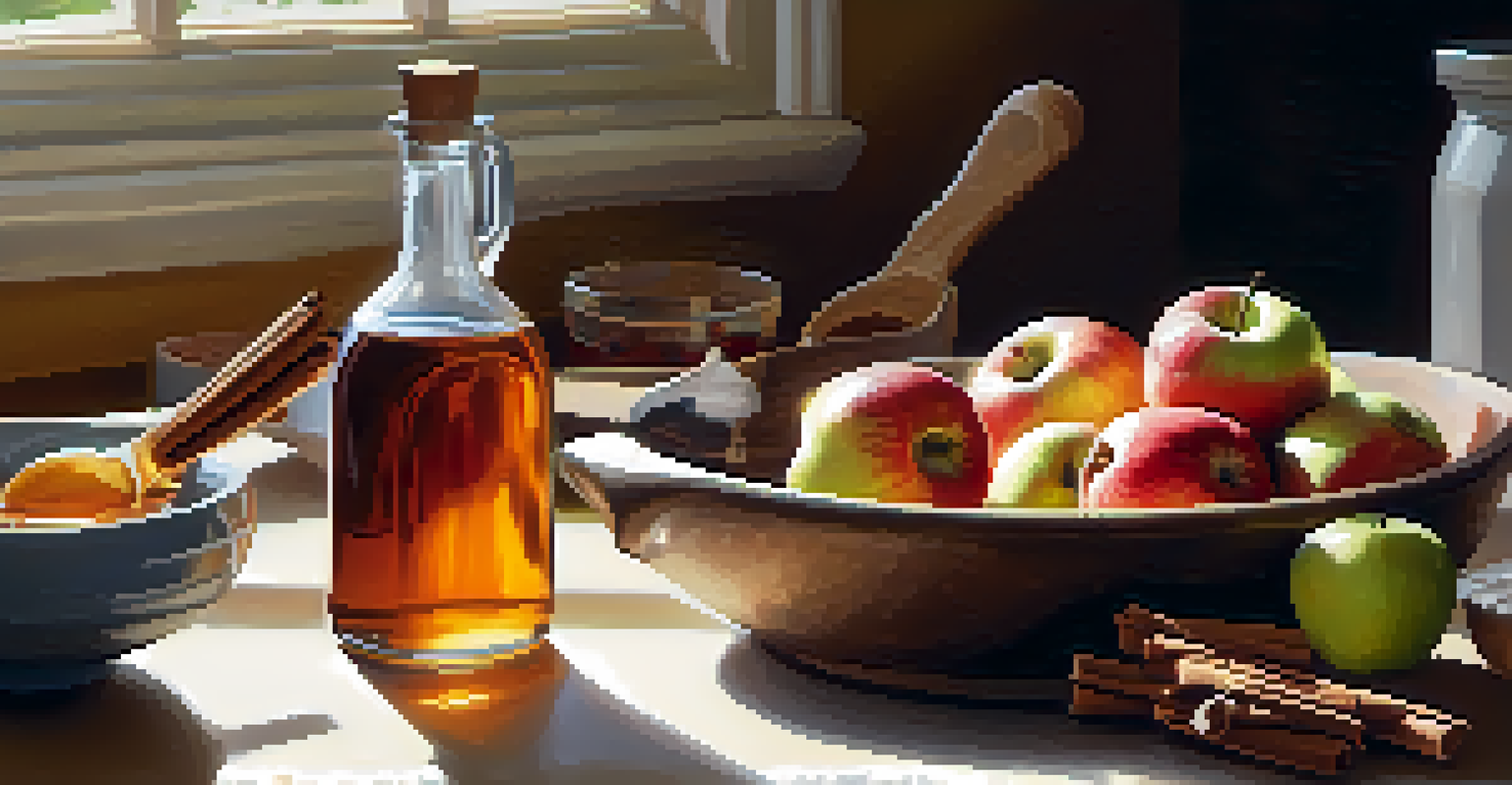 A kitchen counter with apple cider vinegar, a bowl of honey and cinnamon, and fresh apples, illuminated by sunlight.