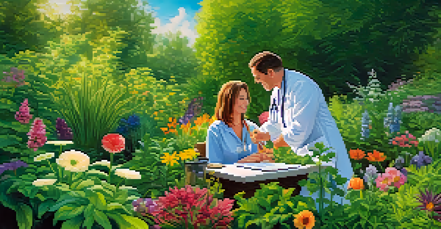 A naturopathic practitioner explaining herbal remedies to a patient in a colorful garden filled with flowers and greenery.
