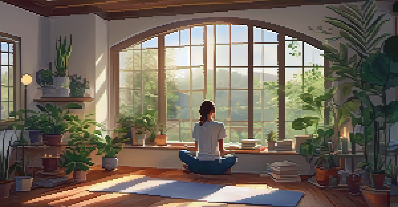 A person meditating in a cozy living room filled with plants and candles, with a journal nearby, illuminated by natural light.