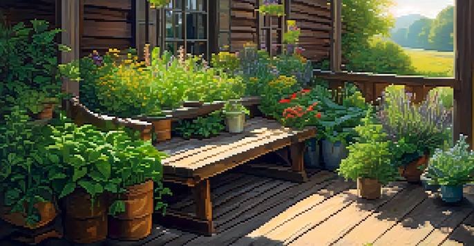 A colorful herbal garden with various herbs and flowers under golden sunlight.