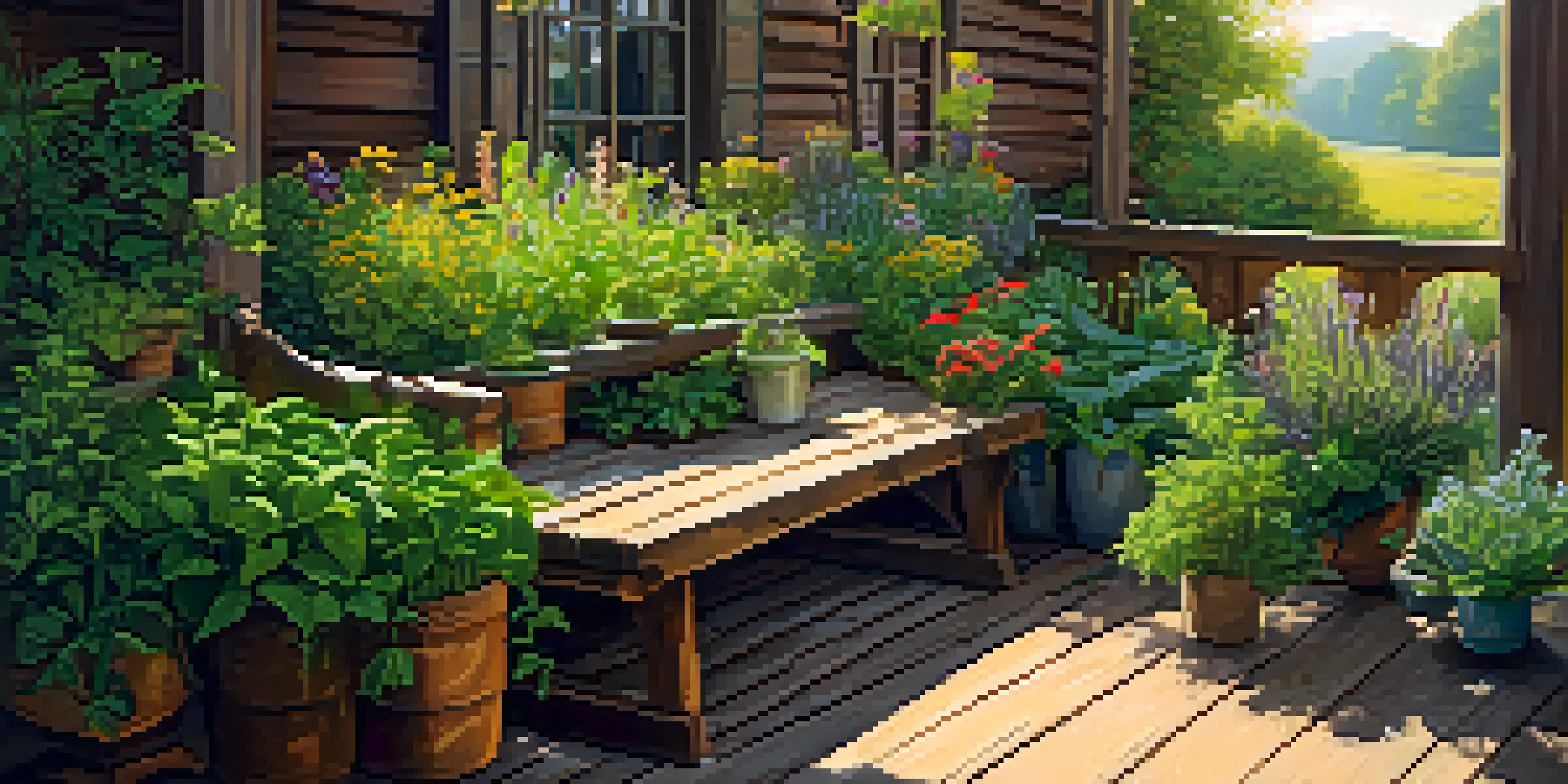 A colorful herbal garden with various herbs and flowers under golden sunlight.