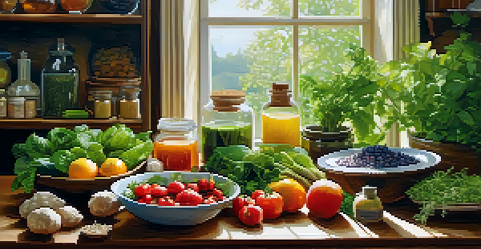 A bright kitchen with fresh produce and herbs on a wooden table, emphasizing the theme of healthy eating and naturopathy.