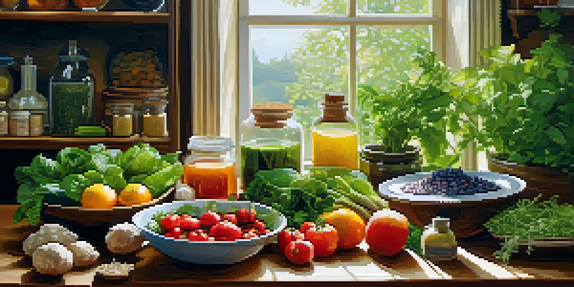 A bright kitchen with fresh produce and herbs on a wooden table, emphasizing the theme of healthy eating and naturopathy.