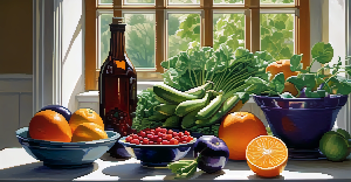 A bright kitchen table displaying a variety of fresh fruits and vegetables, illuminated by sunlight, promoting a healthy diet.