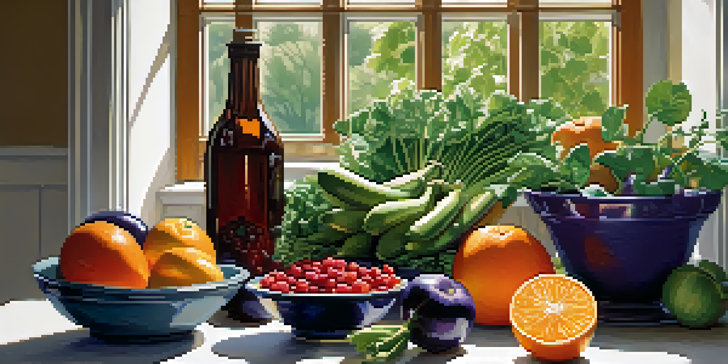 A bright kitchen table displaying a variety of fresh fruits and vegetables, illuminated by sunlight, promoting a healthy diet.