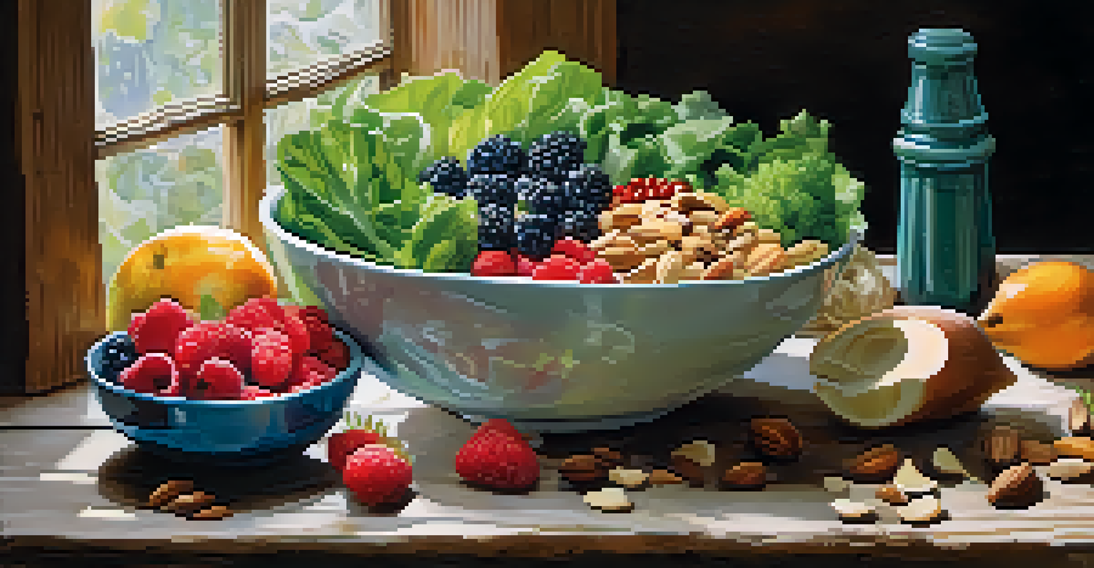 A colorful bowl of healthy foods like greens, berries, and nuts on a wooden table.