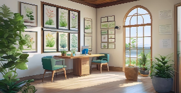 A bright and inviting naturopathic clinic interior featuring plants, wooden furniture, and natural light.