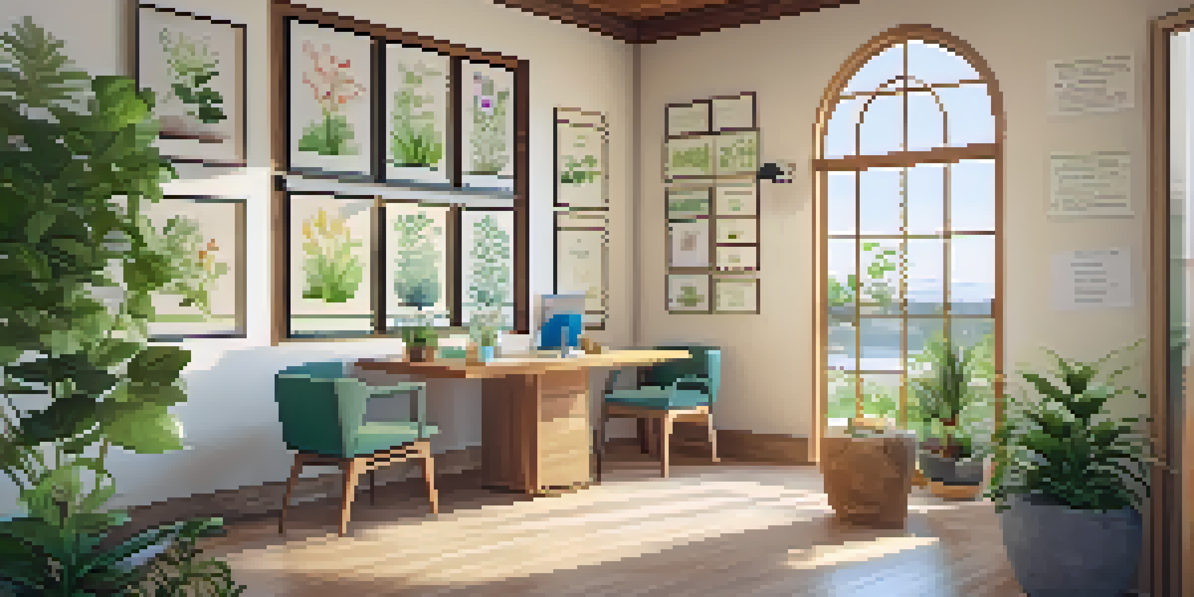 A bright and inviting naturopathic clinic interior featuring plants, wooden furniture, and natural light.