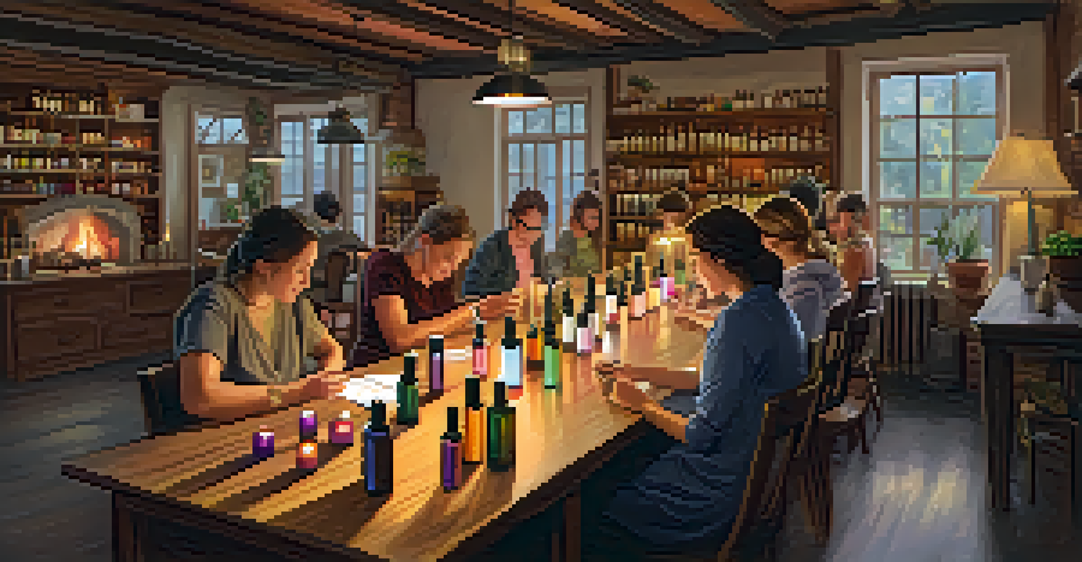 A workshop on aromatherapy where a practitioner demonstrates the use of essential oils to engaged participants.