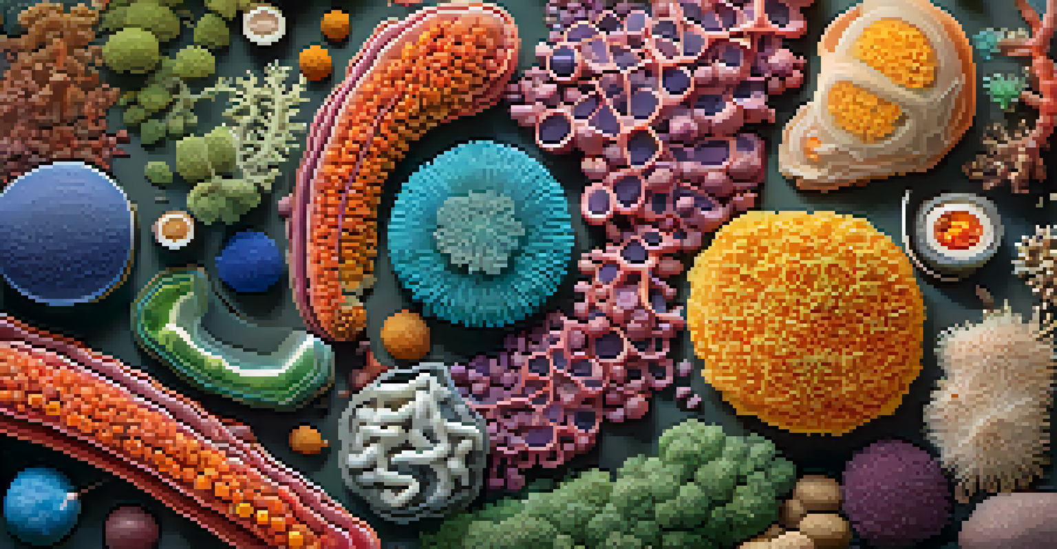 An artistic representation of the gut microbiome as a colorful ecosystem, showcasing various bacteria species on a textured background.