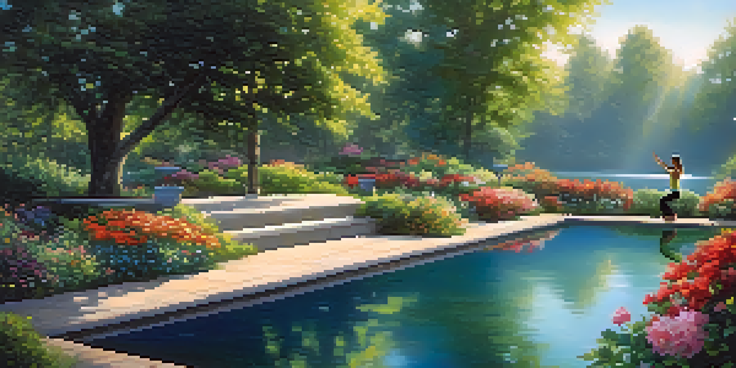A tranquil garden scene with colorful flowers, a pond, and a person doing yoga in a peaceful environment.