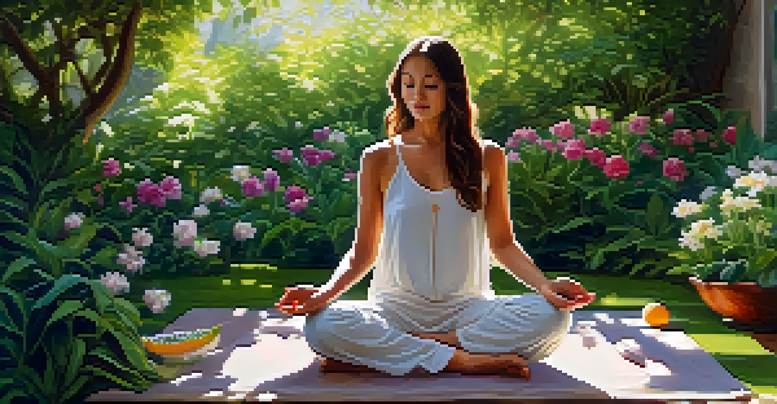 A person meditating in a garden, surrounded by greenery and holding a bowl of fresh fruits in a peaceful setting.