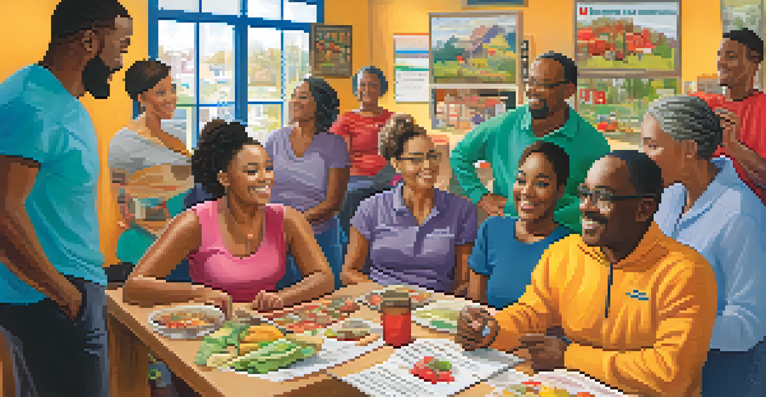 A diverse group of people participating in a health workshop, discussing nutrition and exercise in a community center.