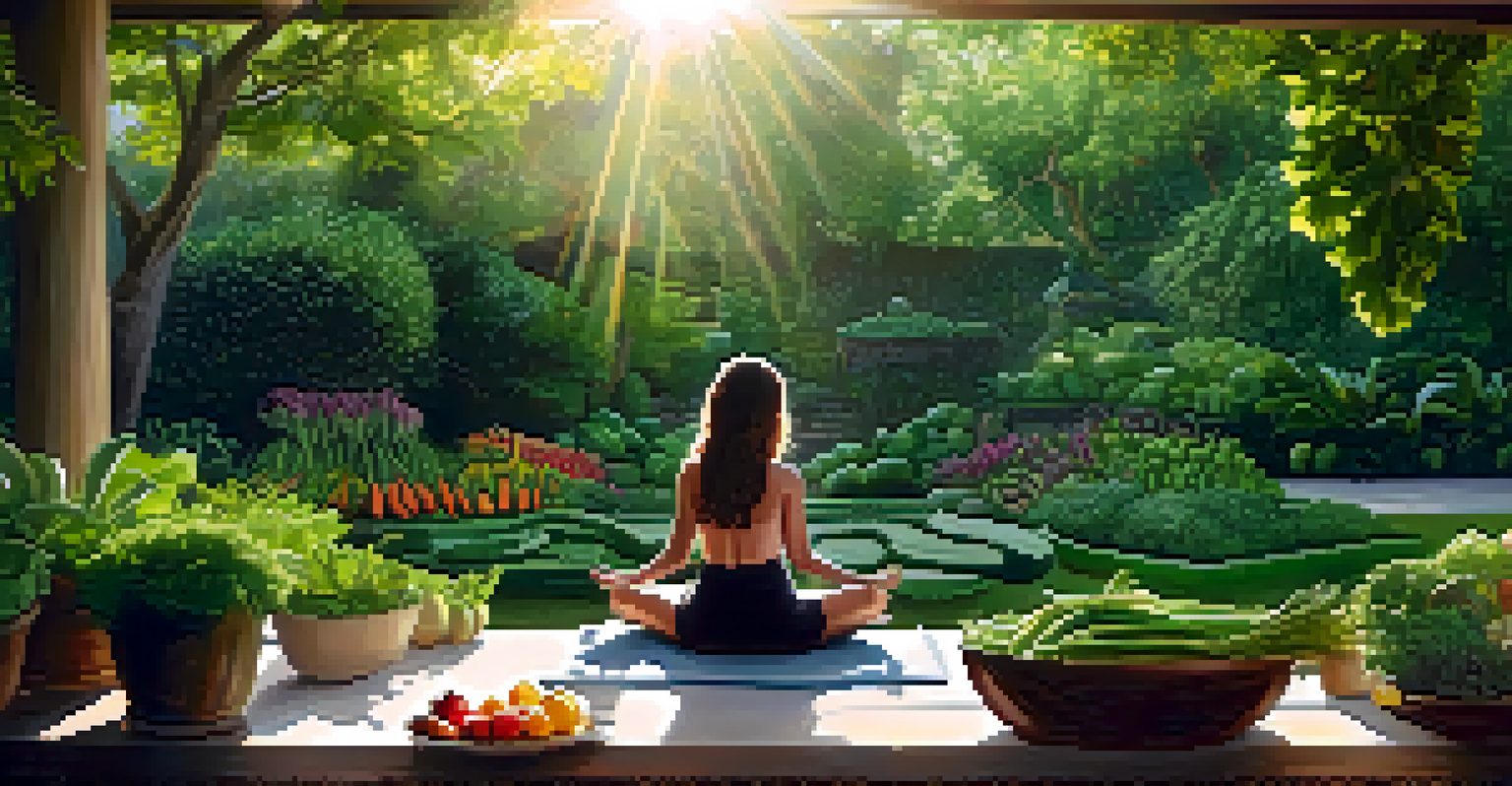 A person practicing mindfulness in a peaceful garden surrounded by fruits and vegetables, symbolizing the connection between stress management and gut health.