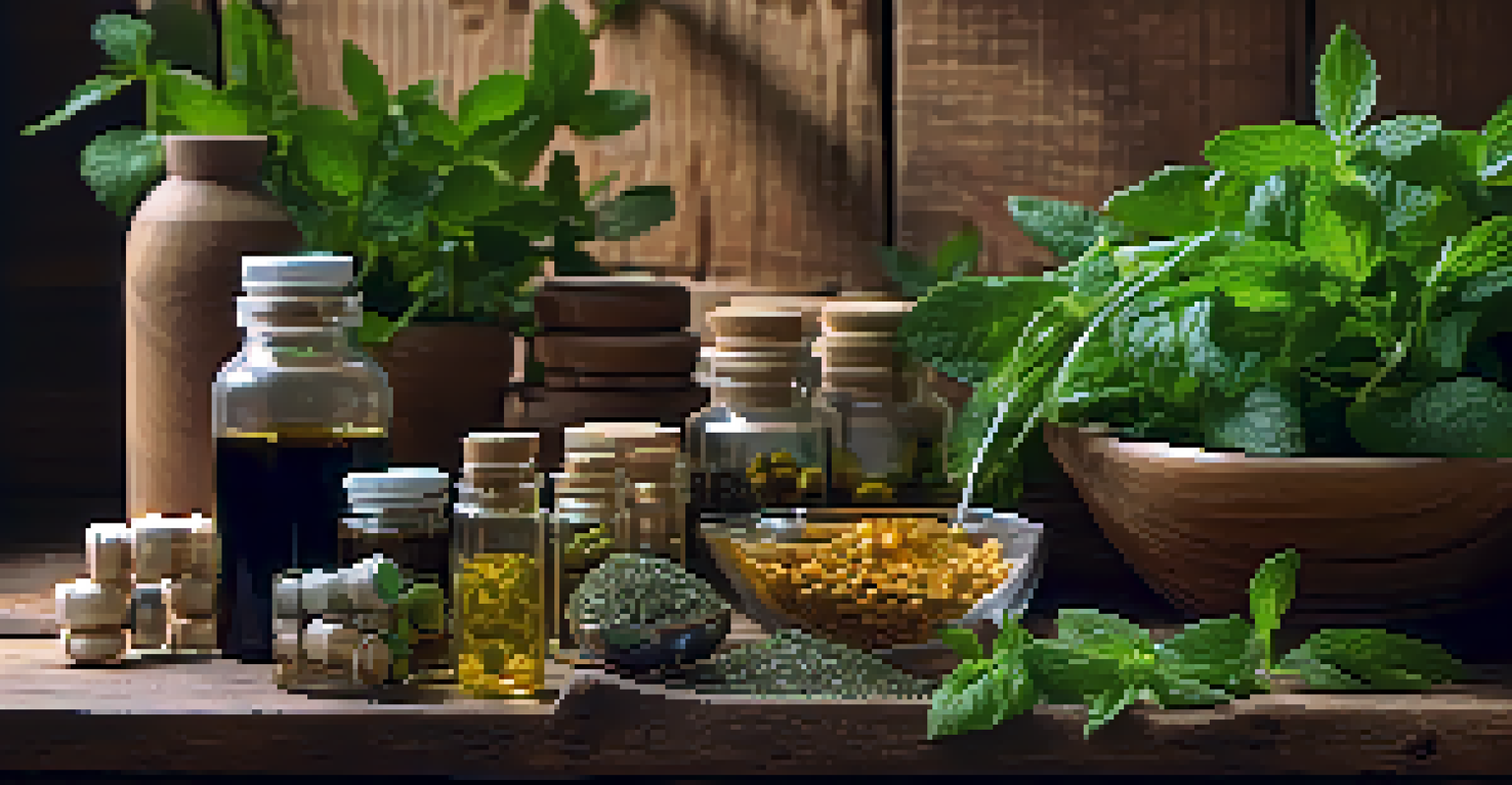 An artistic display of herbal supplements in various forms, with fresh herbs and a mortar and pestle on a wooden surface under natural light.