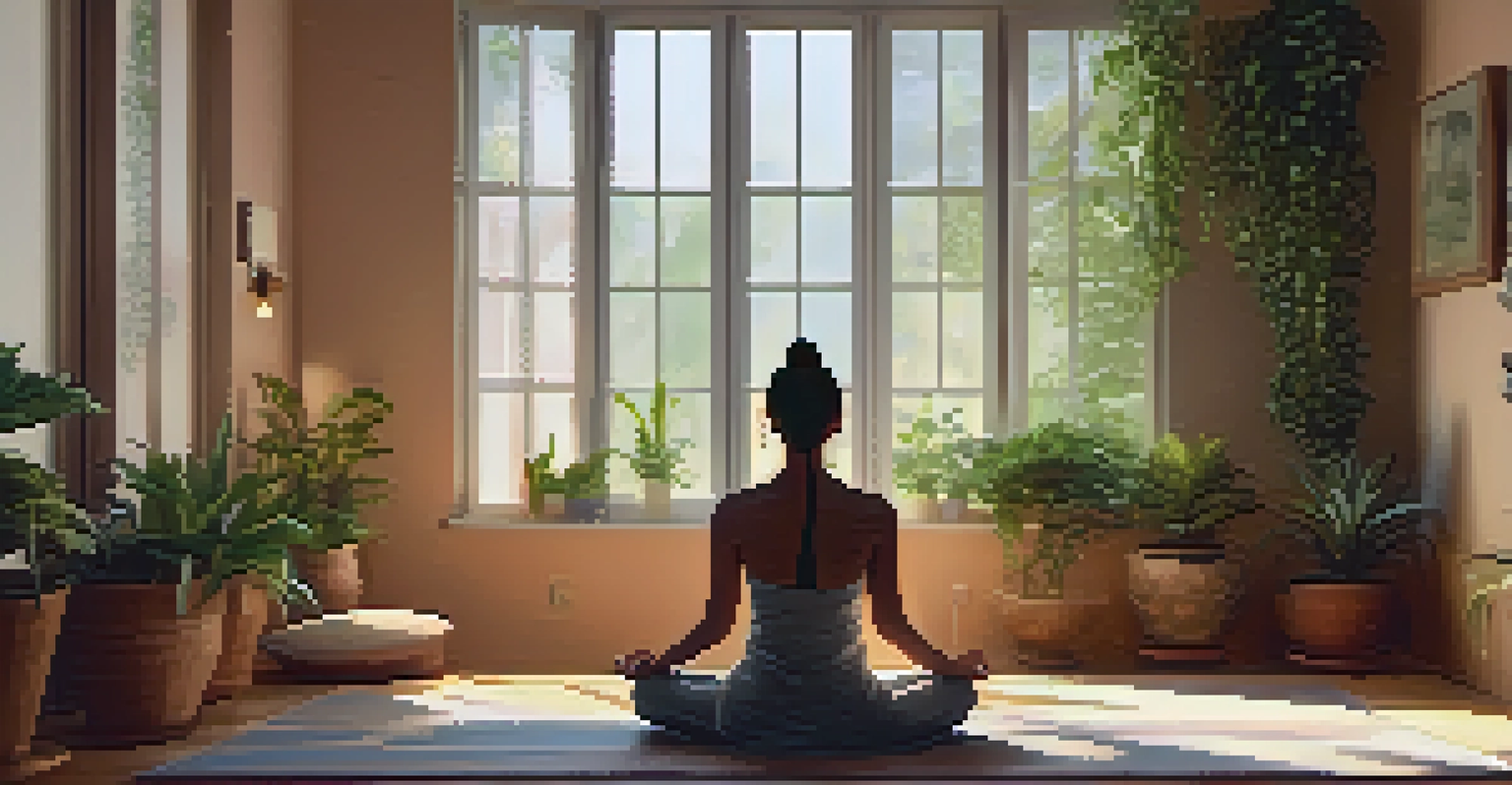A person meditating in a cozy room filled with plants and soft lighting.