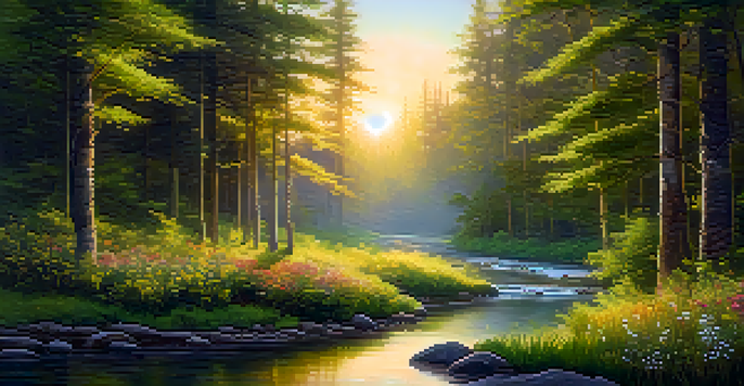 A peaceful forest at sunrise with golden light filtering through trees and a gentle stream surrounded by vibrant wildflowers.