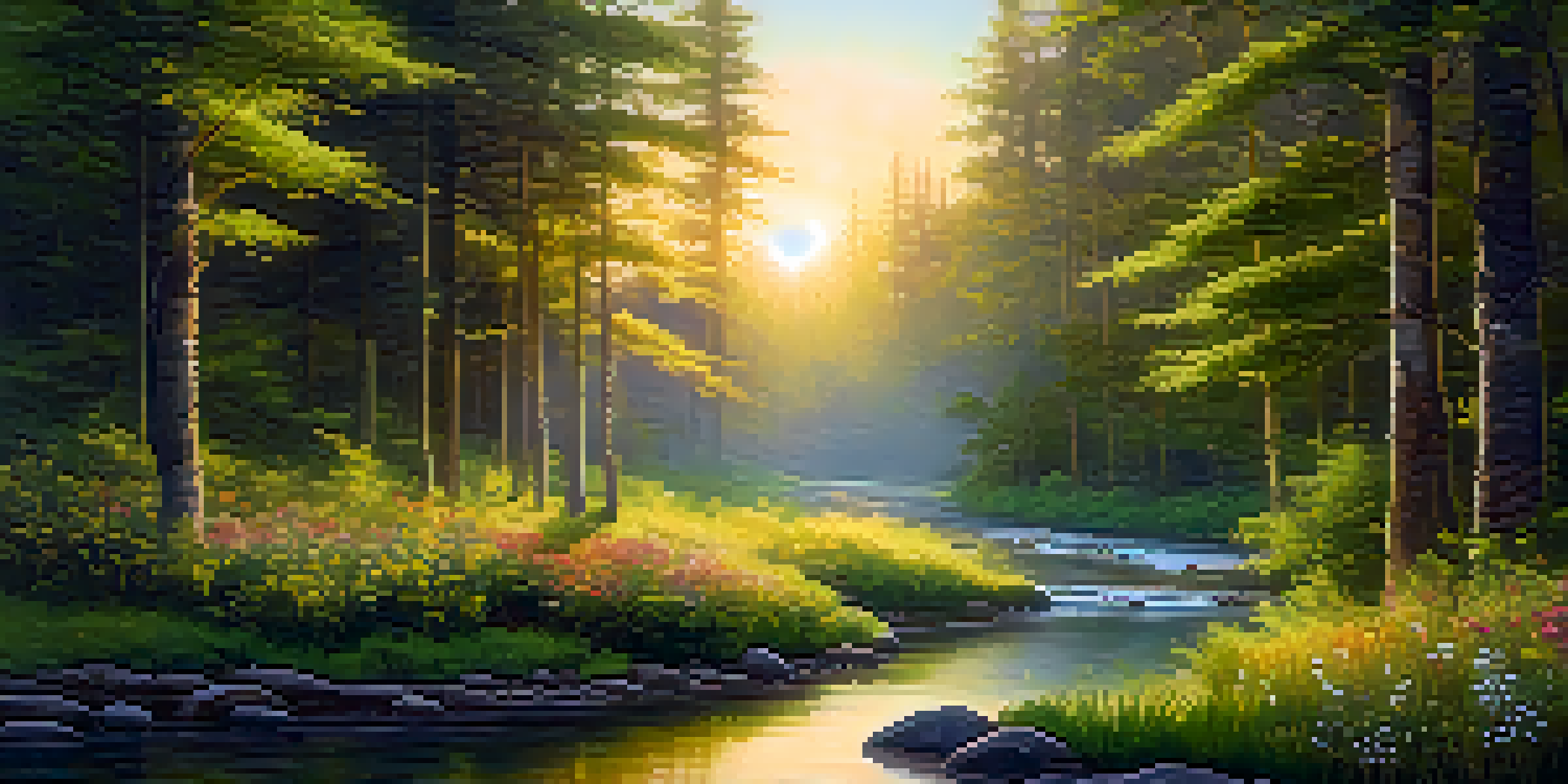 A peaceful forest at sunrise with golden light filtering through trees and a gentle stream surrounded by vibrant wildflowers.