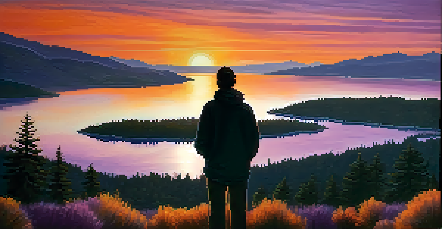 A person standing on a hilltop during sunset, overlooking a lake with vibrant colors reflecting on the water.