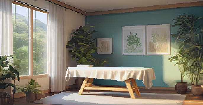A tranquil wellness studio with a practitioner performing Reiki on a client, surrounded by soft lighting and plants.