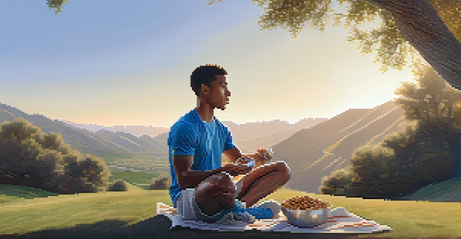 An athlete practicing mindfulness while enjoying a healthy snack in a serene outdoor environment.