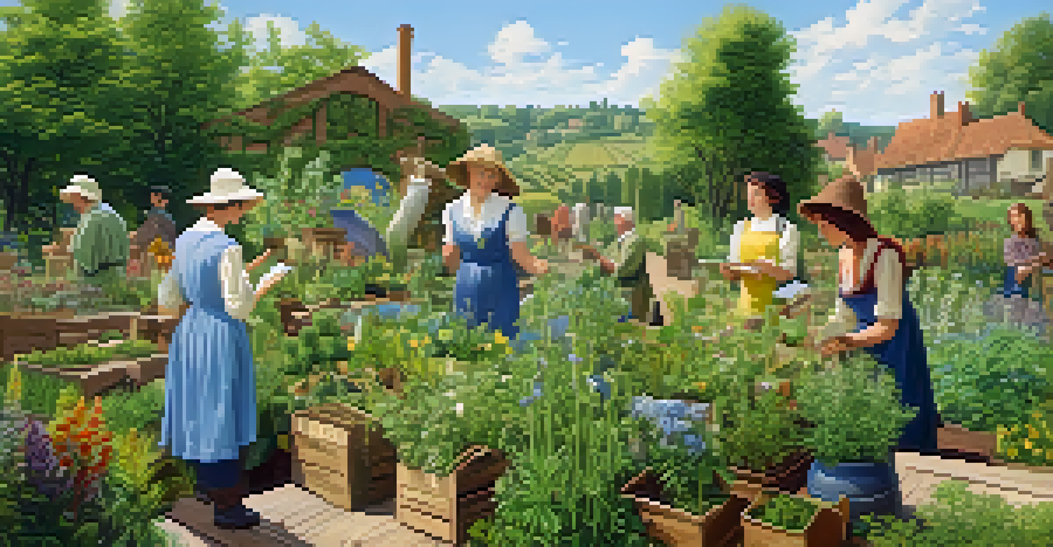 A vibrant herbal garden with people participating in a workshop about medicinal plants.