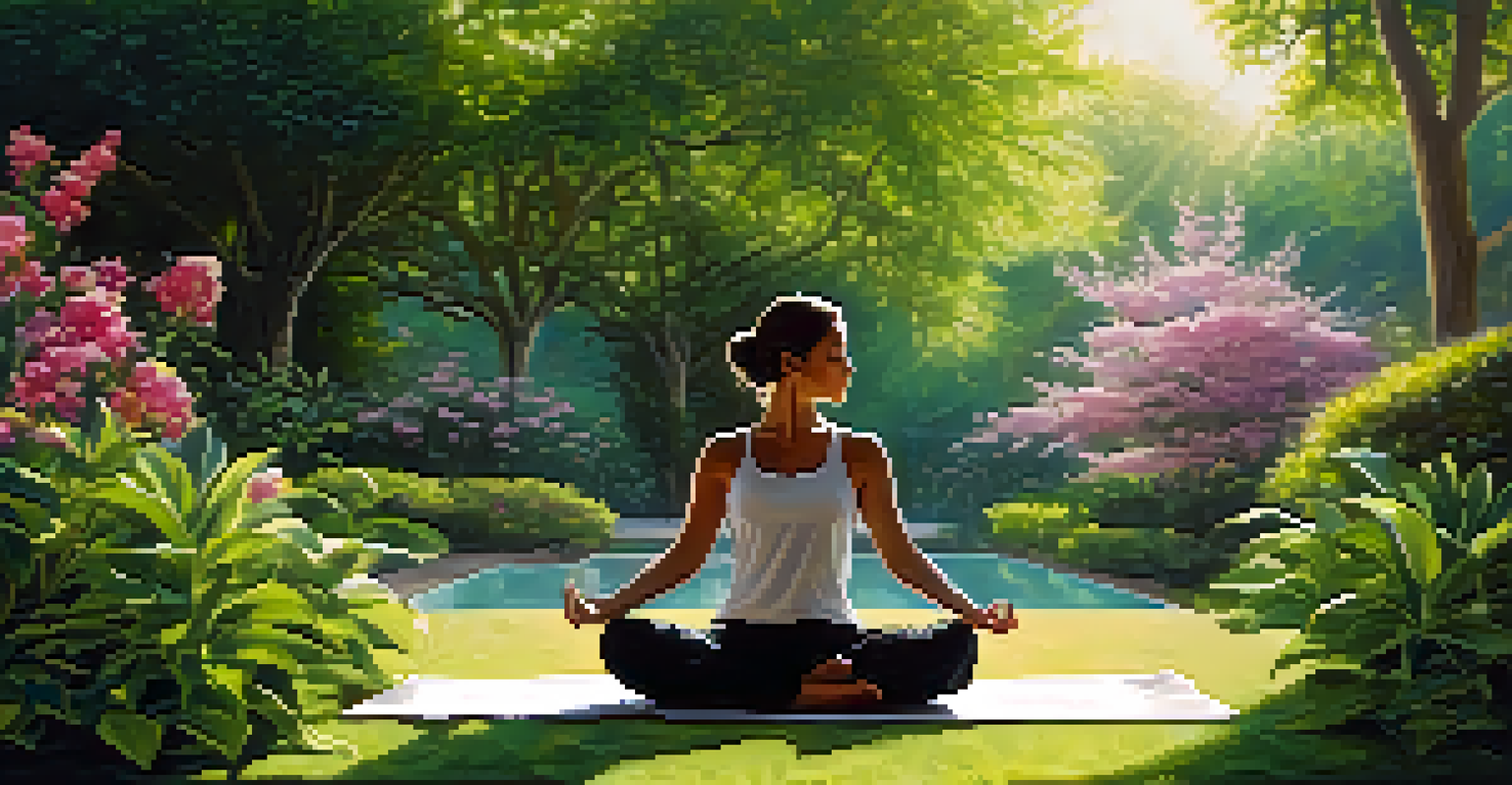 A person practicing yoga in a tranquil garden filled with lush greenery and blooming flowers, surrounded by soft sunlight filtering through the leaves.
