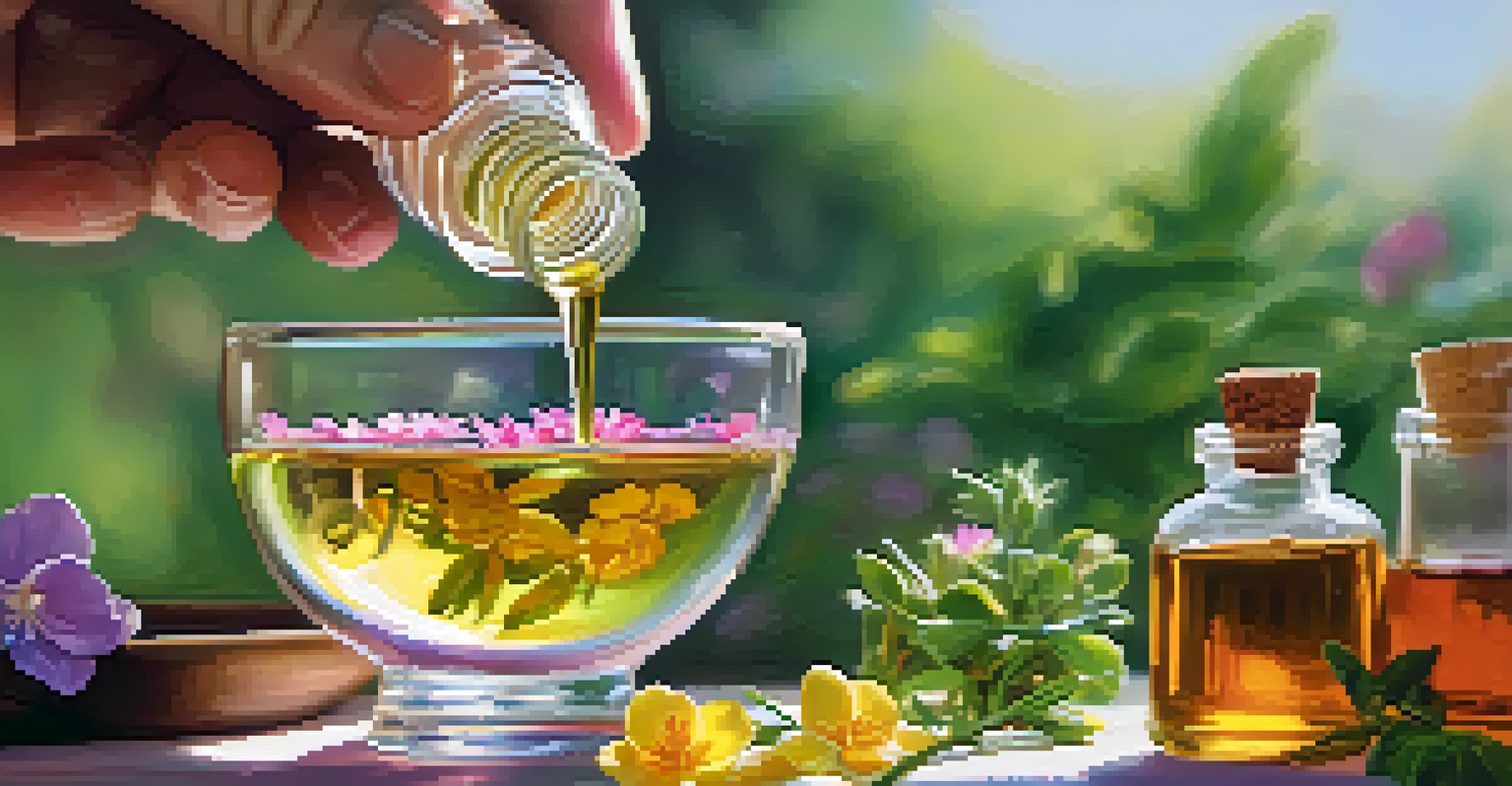 A close-up of a hand mixing colorful essential oils in a bowl, with a blurred garden backdrop filled with blooming flowers.